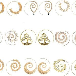 Spiral Boho Hoop Earring Set –9 Pairs Gold Bohemian Vintage Tribal Swirl Hoops